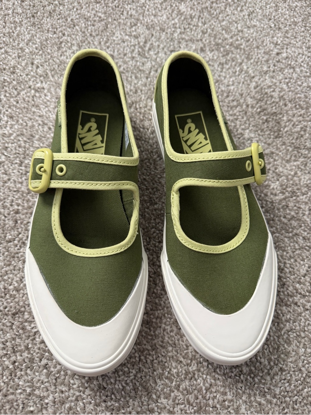 Vans Women’s Olive Green Mary Jane Sneakers with Lime Trim